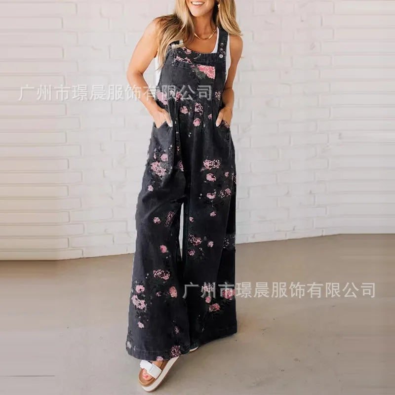 New Summer Women's Fashion Printed Wide-leg Strap Jumpsuit For Women Elegant Loose Party Holiday Casual Jumpsuits Rompers