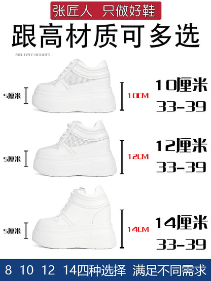 10-14cm Chunky Sneakers Women Platform Shoes Elevator Shoe White Mesh Breathable Sneakers Real Leather Increasing Shoes