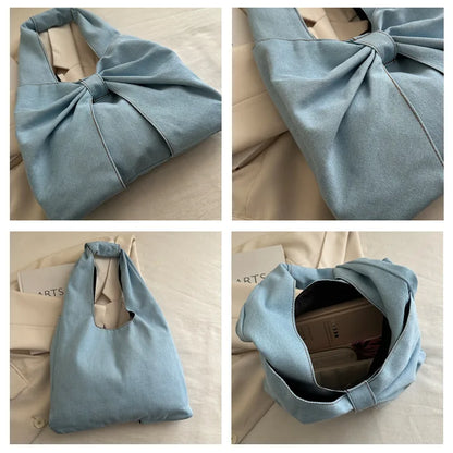 Sweet Bowknot Design Women's Denim Shoulder Bags Commuter Thread Ladies Handbags Casual Lightweight Female Underarm Tote Bag