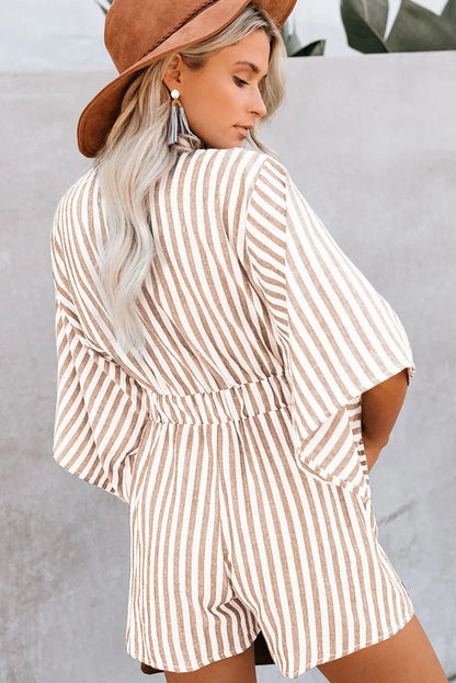 Summer waist slimming striped jumpsuit for women, European and American foreign trade deep V flared sleeve three quarter pants