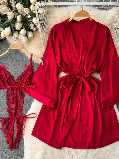 Coquette Lace Lingerie Set Sexy Mesh Bodysuit Valentines Day Sleepwear Gothic Strappy Catsuit Intimate Nightwear Romper