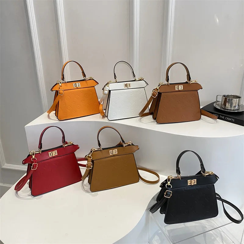 Fashion Embossed Top Handle Bags for Women,Metal Turn Lock Handbag, Adjustable Crossbody Strap,versatile Purse for Daily Outings