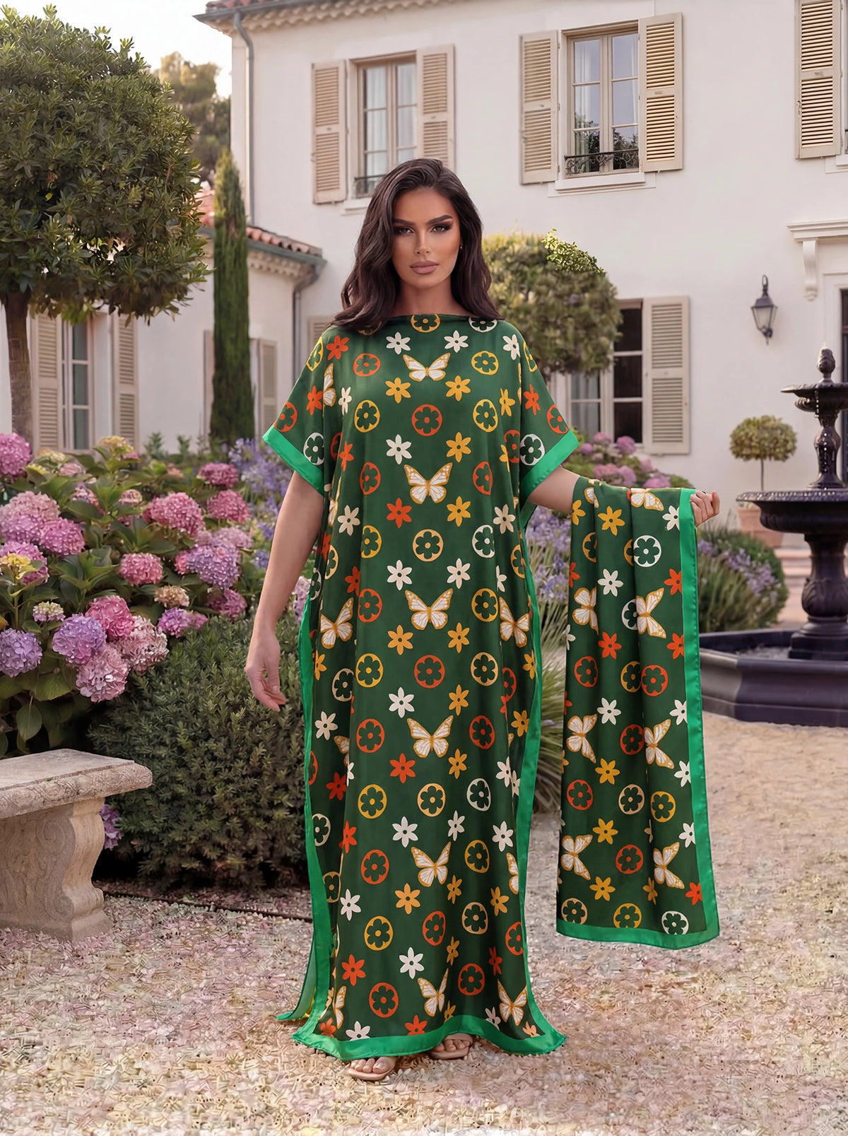 Boho Butterfly Flower Geometric Print Satin Abaya Scarf Set, Loose Batwing Maxi Kaftan For Muslim Women Beach Vacation Wear