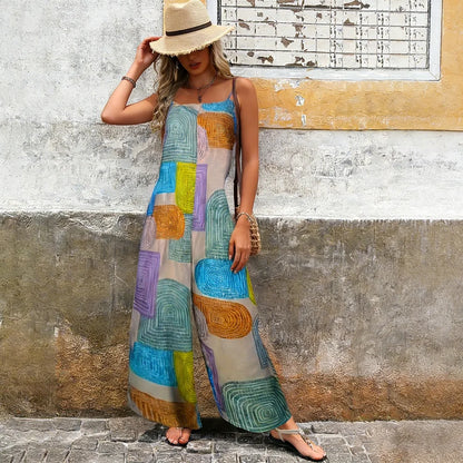 2026 Summer Women's Sleeveless Jumpsuit – Color Block Geometric Print, Spaghetti Strap, Wide-Leg Loose Vacation Romper