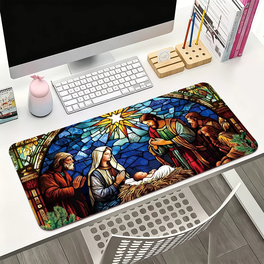 Christmas Nativity Scene Mouse Pad Large Non-Slip Waterproof Mat Stitched Edge Keyboard Pad for Gaming Daily Office