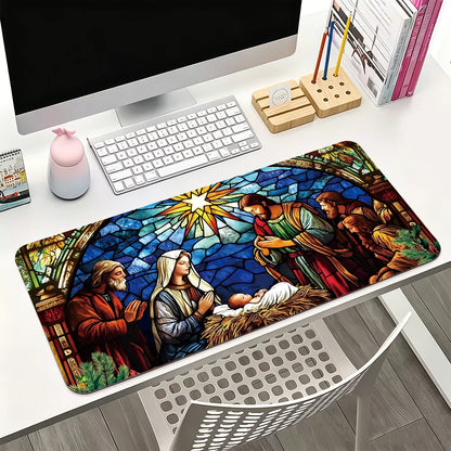 Christmas Nativity Scene Mouse Pad Large Non-Slip Waterproof Mat Stitched Edge Keyboard Pad for Gaming Daily Office