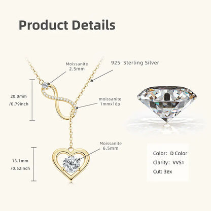 Lnngy 925 Sterling Silver Y-Shaped Heart Pendant Necklaces For Women Certified 6.5mm&2.5mm&1mm Moissanite Necklace Jewelry Gift