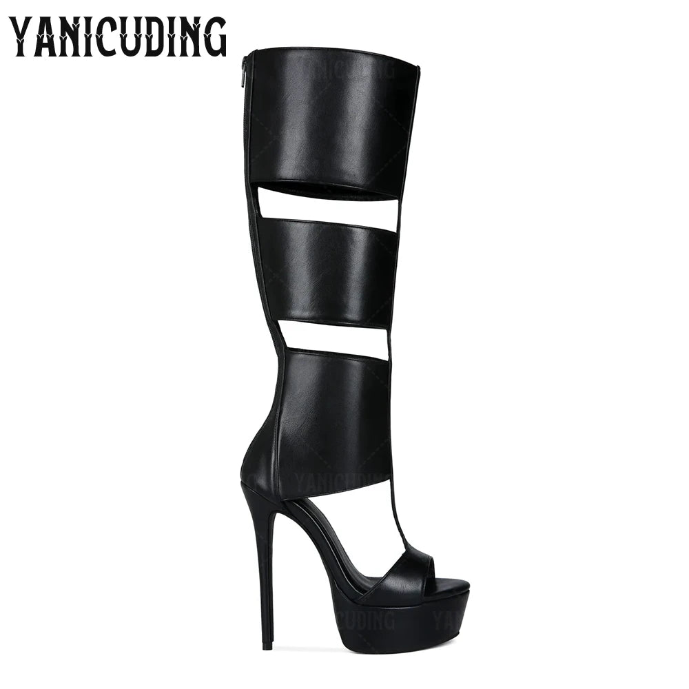 Strappy Gladiator Sandal Boots Metallic Gold Below the Knee Stiletto Boots Fashion Sexy Style Back Zipper Platform Women's Boots