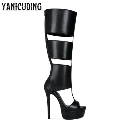 Strappy Gladiator Sandal Boots Metallic Gold Below the Knee Stiletto Boots Fashion Sexy Style Back Zipper Platform Women's Boots