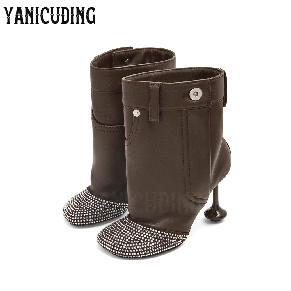 Rhinestone Pocket Booties Novelty Designer Style Strange Heel Ankle Boots Soft Leather Luxurious Bling Bling Booties for Women