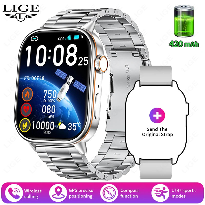 LIGE 2026 For Android IOS GPS Smart Watch Women 2.01" HD Screen Heart Rate Bluetooth Call Compass IP68 Waterproof Men Smartwatch