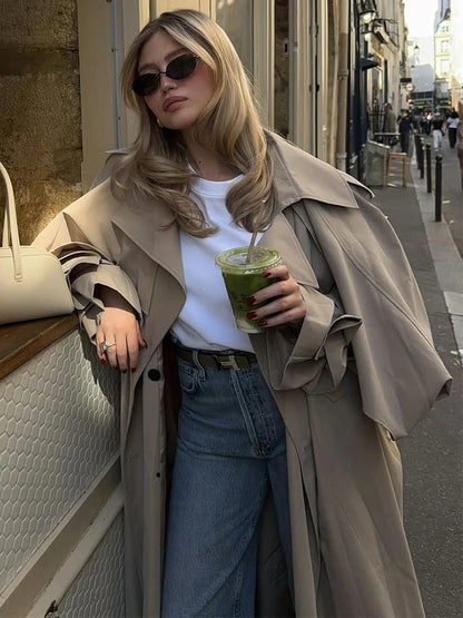 Women Khaki Long Color-block Stripe Trench Coat Wide Lapel Loose Drop Shoulder Blue Lining Slit Windbreaker Commute Outing Coats