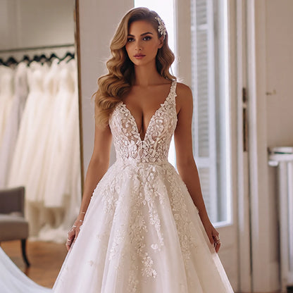 Elegant Tulle V Neck Lace Ball Gown Wedding Dresses For Bride Vestidos Novia Long Puffy Appliques Bridal Party Gown With Train