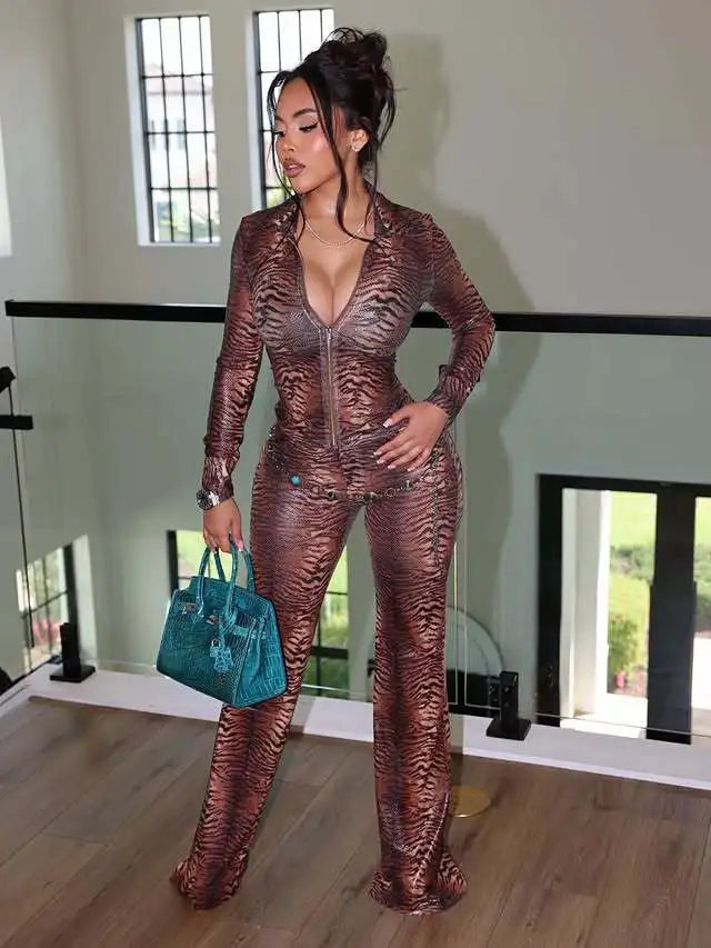 FAGADOER Y2K Fashion Tiger Striped Print Pants 2 Piece Sets Cool Girl Street Zipper Lapel Long Sleeves Top + Flare Pants Outfits