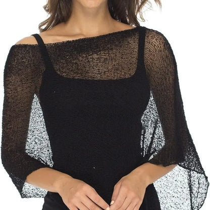 Casual Drop Shoulder Crochet Poncho Sweater Sheer Multi-wear Halter Shawl Irregular Knitted Cover-ups Vacation Outfits