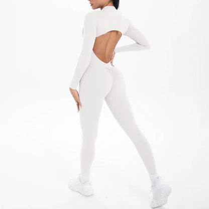 Solid Color Bodysuits for Woman's Backless Long Sleeved Zipper Yoga Jumpsuits High Dtrength Workout Sports Fitness Clothing Set