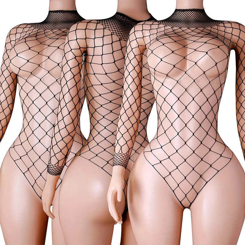 High Neck Fishnet Hollow Bodysuits For Women Sexy Long Sleeve Crotchless Jumpsuits Erotic Outfits Mesh See Through Teddy Rompers