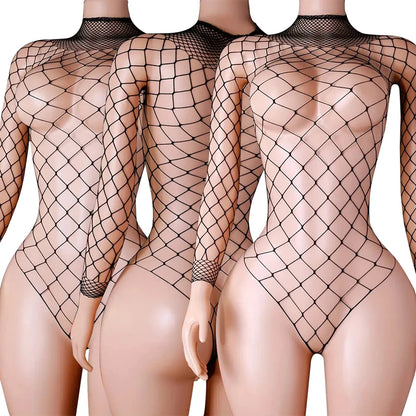 High Neck Fishnet Hollow Bodysuits For Women Sexy Long Sleeve Crotchless Jumpsuits Erotic Outfits Mesh See Through Teddy Rompers