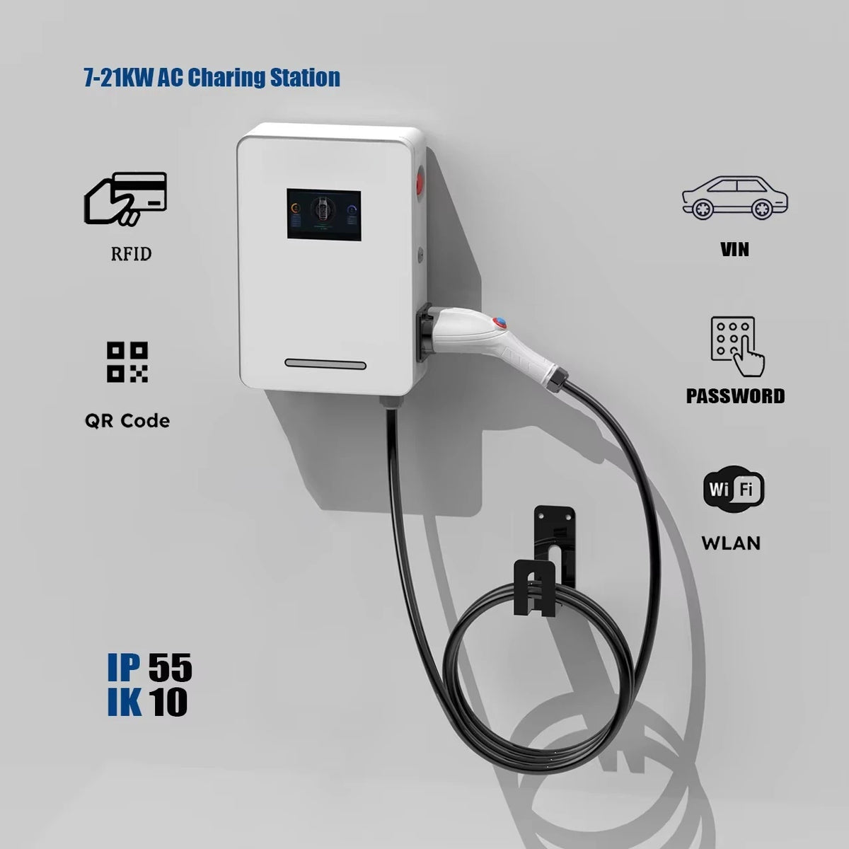 Commercial Use  4.3-Inch IP66 Protected 7KW 22KW 32A 5m Cable New GB Standard Wall-Mounted Charging Station for EV Cars