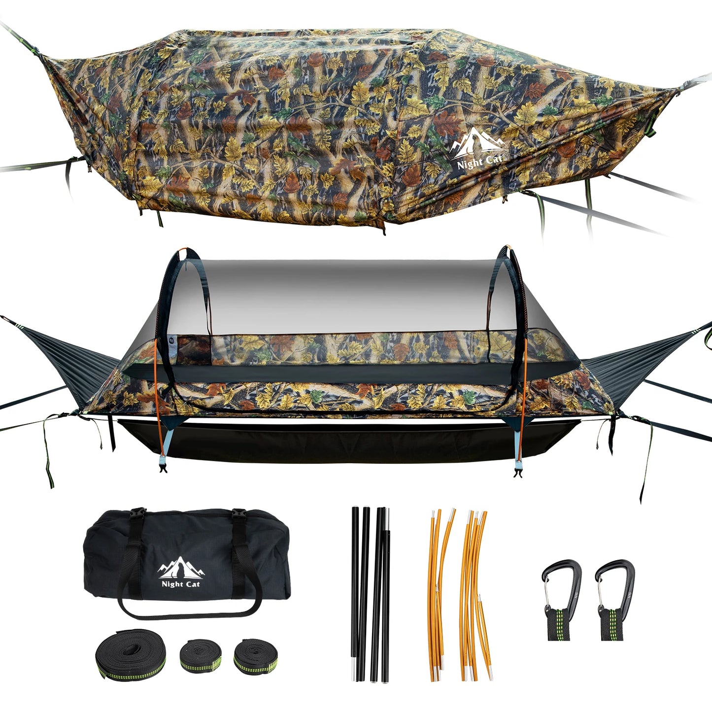 Night Cat Lay Flat Hammock: Flat Bottom with Mosquito Net Waterproof Rainfly for 1 Person Camping Hiking in Garden Backyard Wild
