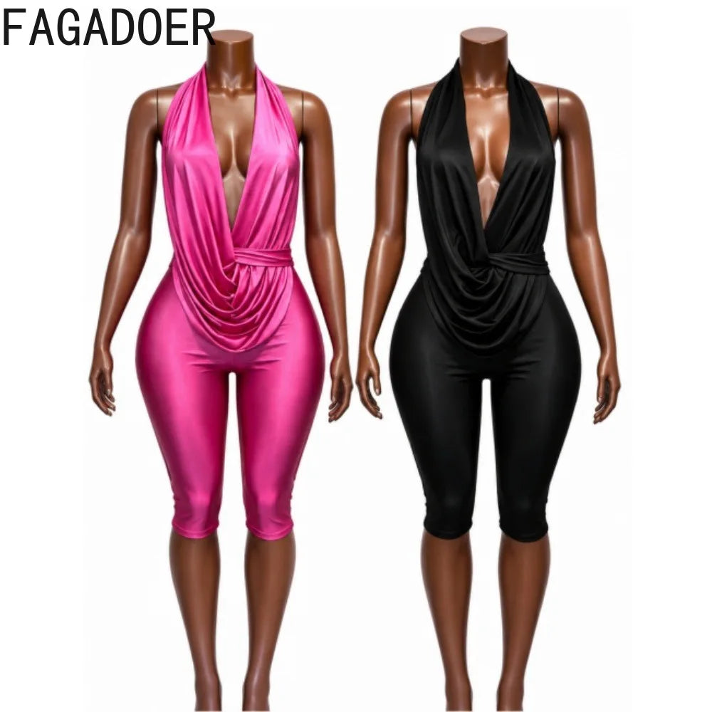FAGADOER Sexy Deep V Draped Halter Rompers Fashion Patchwork Back Lace‑Up Hollow Out Bodycon Jumpsuits Night Club Playsuits New