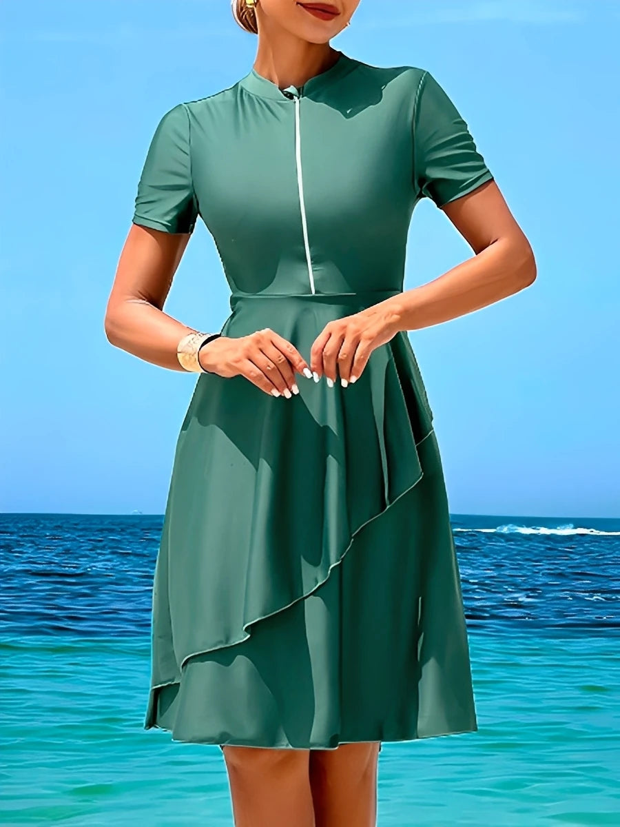 2026 Long Knee Swimwear Female Tankini 2 Pieces Zipper Swimsuit Women Beach Dress Solid Bathers Bathing Swimming Swim Suit