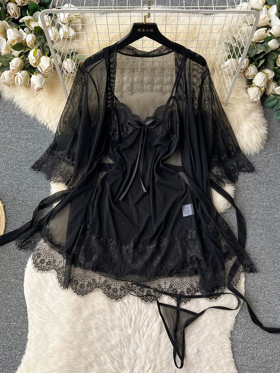 Coquette Lace Lingerie Set Sexy Mesh Bodysuit Valentines Day Sleepwear Gothic Strappy Catsuit Intimate Nightwear Romper