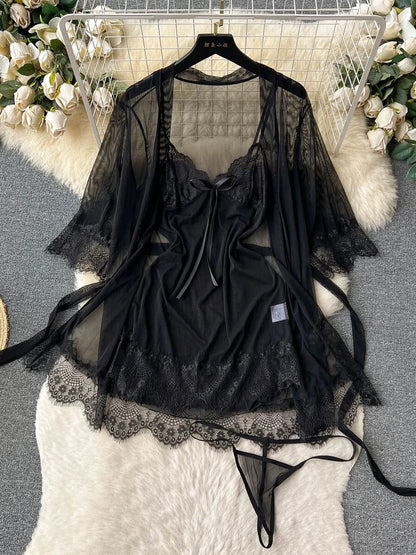 Coquette Lace Lingerie Set Sexy Mesh Bodysuit Valentines Day Sleepwear Gothic Strappy Catsuit Intimate Nightwear Romper