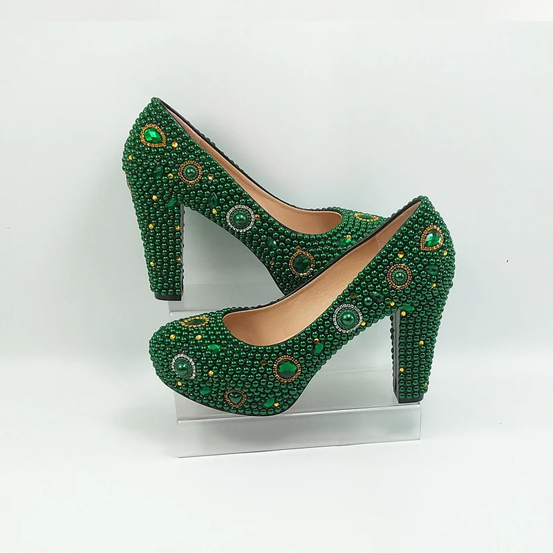 Fashion New Arrival Green Pearl Bridal Shoes and Bag Set Woman Party Dress Shoes Big Size Ankle Strap Buckle Shoes High Pumps