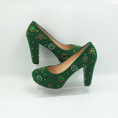 Fashion New Arrival Green Pearl Bridal Shoes and Bag Set Woman Party Dress Shoes Big Size Ankle Strap Buckle Shoes High Pumps