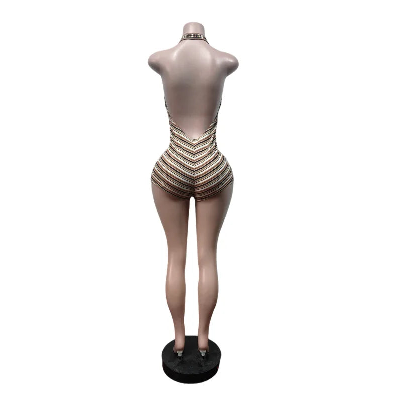 Summer Cute Baddies Romper Women Clothes Streetwear Halter Deep V-Neck Backless One Piece Striped Knit Ribbed Bodycon Jumpsuits
