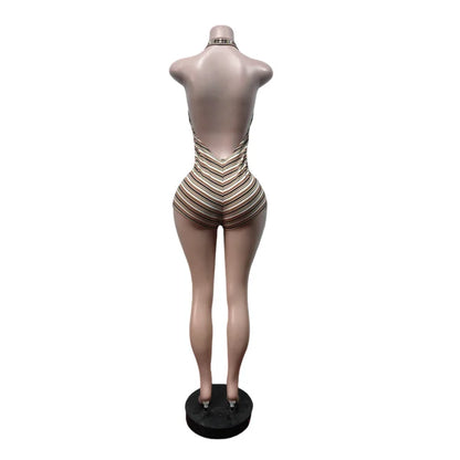 Summer Cute Baddies Romper Women Clothes Streetwear Halter Deep V-Neck Backless One Piece Striped Knit Ribbed Bodycon Jumpsuits