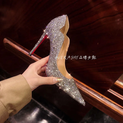 High Heels Women 2025 Spring New gold Sexy Pointy French Thin With Single Shoes Women Crystal Wedding Shoes Women Red Sole Shoe