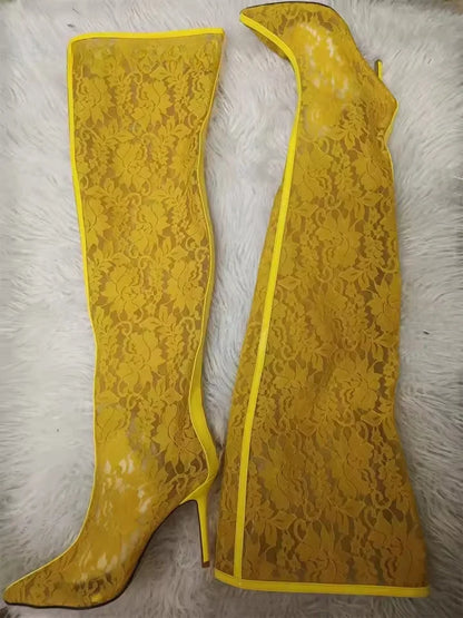 Spring Women Lace With PVC Thigh High Boots Sexy Pointed Toe Stiletto High Heels Transparent Over The Knee Boots Bigger Size 44