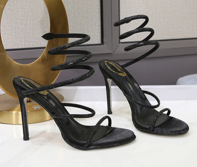 Fashion Summer Snake Twine Around Crystal Women Party Sandals Rhinestones Luxury Thin High Heels Gladiator Sandals Prom Shoes