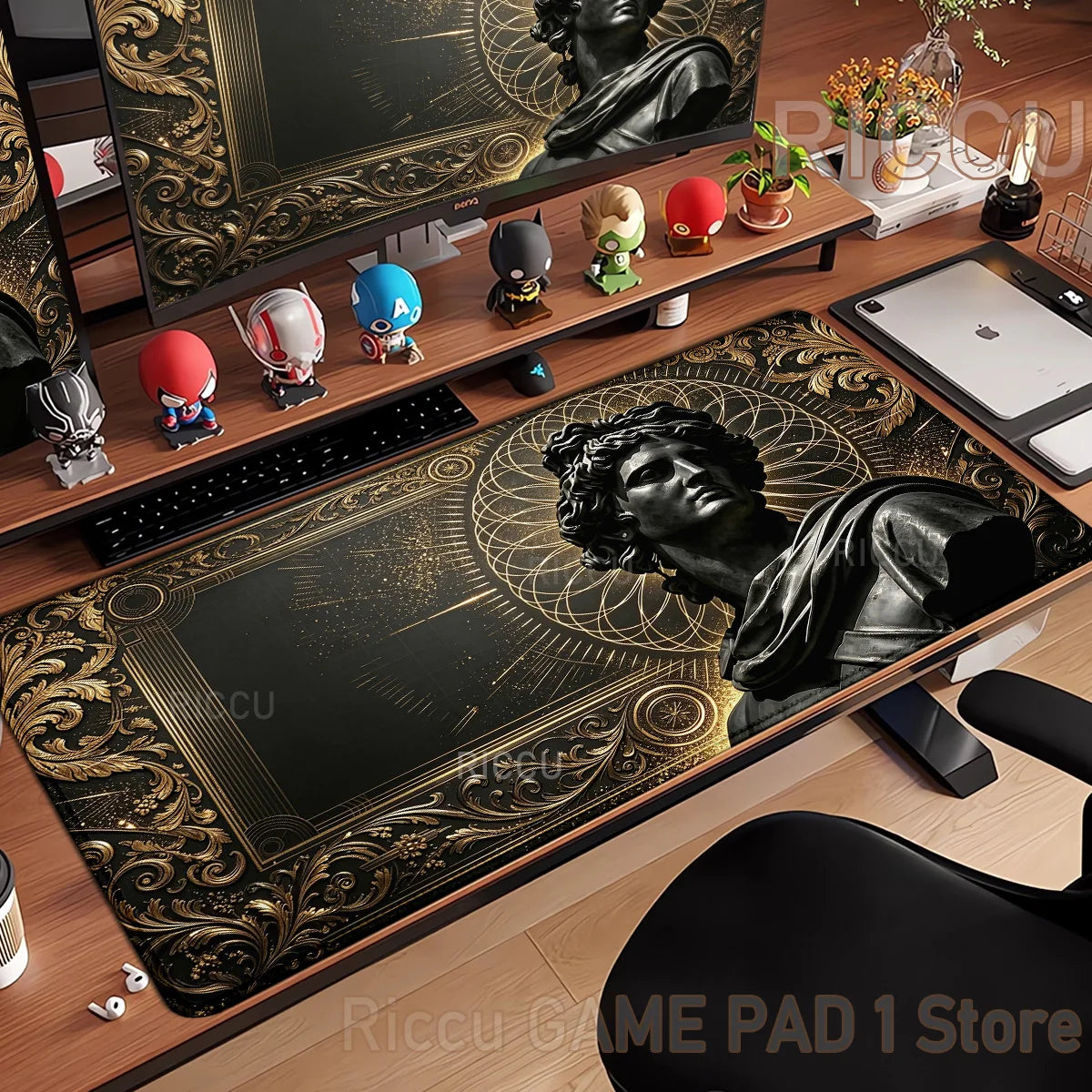 Black Majestic Sculpture Mouse Pad Large Desk Accessories Desk Pad Rubber Base Edge Mousepad Non-Slip Mousepad for Office
