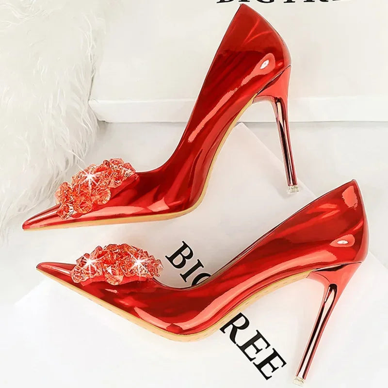Women 10.5cm High Heels Glossy Leather Drag Queen Banquet Dress Pumps Lady Luxury Crystal Bow Stiletto Blue Green Red Prom Shoes