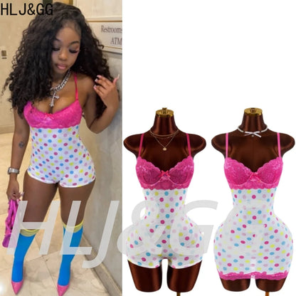HLJ&GG Sexy Polka Dot Print Lace Splicing Bodycon One Piece Rompers Women Spaghetti Strap Sleeveless Backless Jumpsuits Street