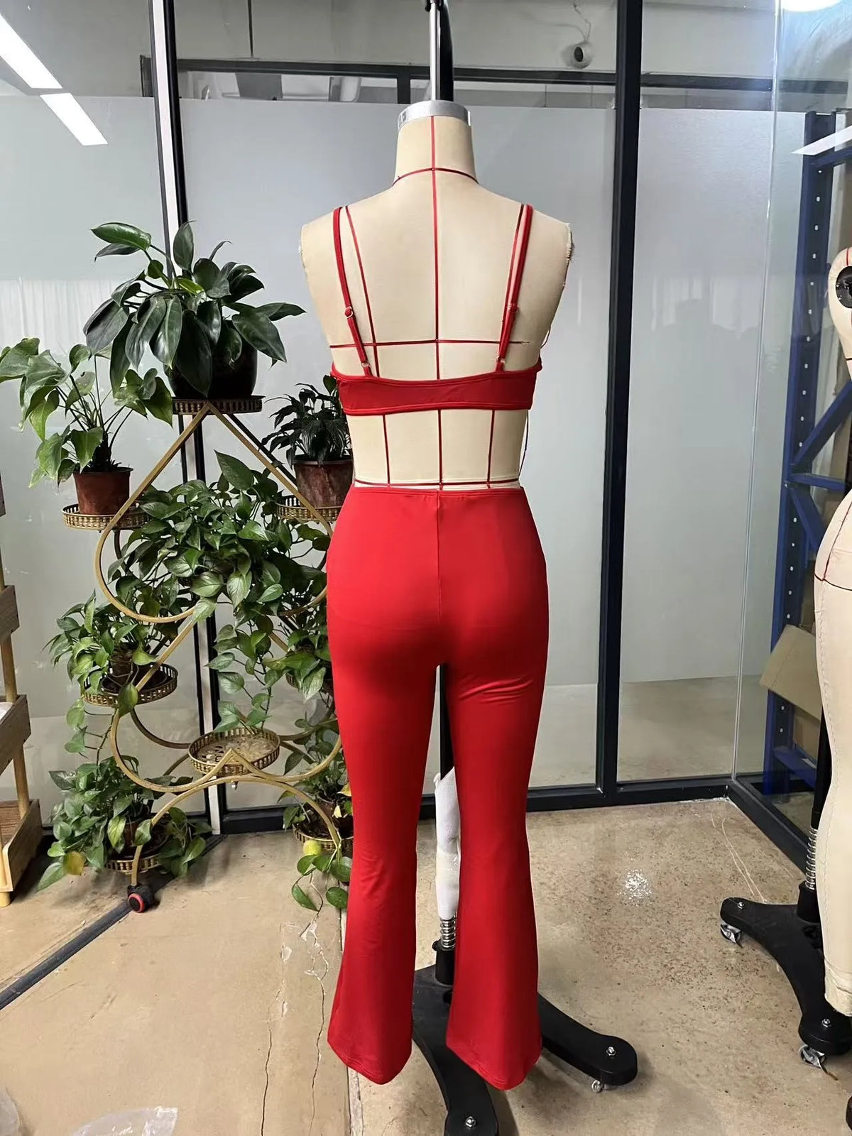 Summer Woman Jumpsuit Red Backless Jumpsuits High Waist Flared Leg Women's Elegant Romper Black Cut Out Waist Long Jumpsuit