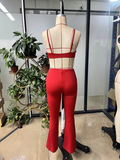 Summer Woman Jumpsuit Red Backless Jumpsuits High Waist Flared Leg Women's Elegant Romper Black Cut Out Waist Long Jumpsuit