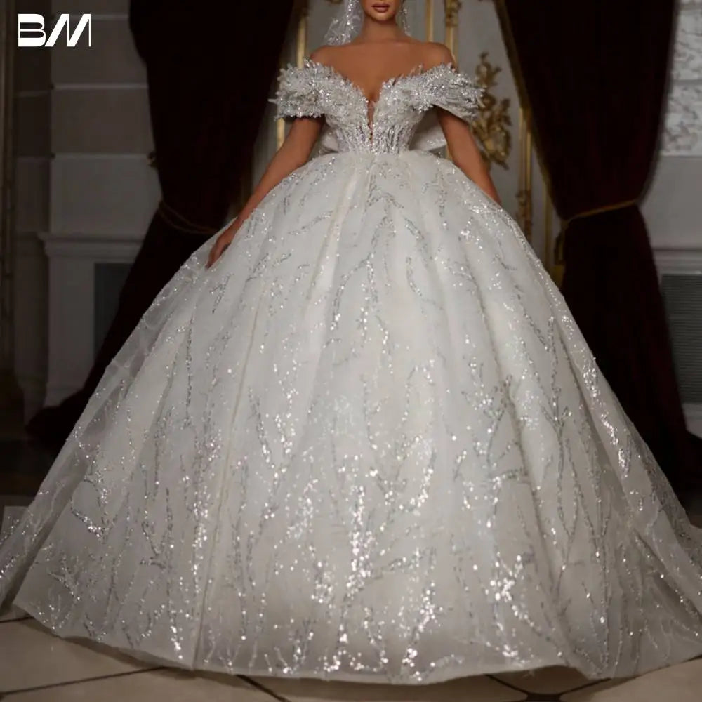 Dazzling V Neck Chic Wedding Dress Corset Women High Quality Ball Gown Customized Romantic Off the Shoulder Long Bride Wear