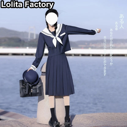 65cm longuette JK Uniform Sets Japanese Women girls uniform dark blue Short/long Sleeve School Uniforms Sailor Pleated Skirt