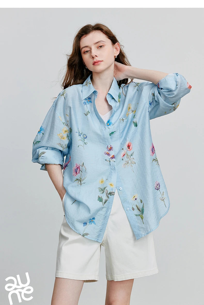 TOYOUTH Women Shirts 2026 Summer New Linen Lyocell Print Fresh Mid Length Floral Blouse Tops