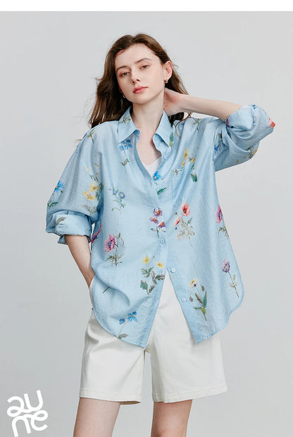 TOYOUTH Women Shirts 2026 Summer New Linen Lyocell Print Fresh Mid Length Floral Blouse Tops