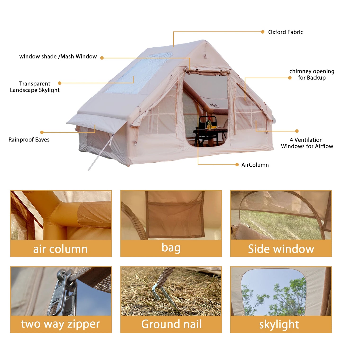 PAKICETUS Luxury Inflatable Camping Tent with Skylight Quick Setup Blow Up Tent with Air Pump 4-6 Persons Large Family Portable Outdoor Tent for Camping Hiking Backyard