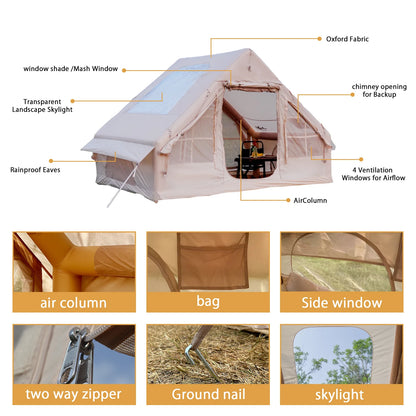 PAKICETUS Luxury Inflatable Camping Tent with Skylight Quick Setup Blow Up Tent with Air Pump 4-6 Persons Large Family Portable Outdoor Tent for Camping Hiking Backyard