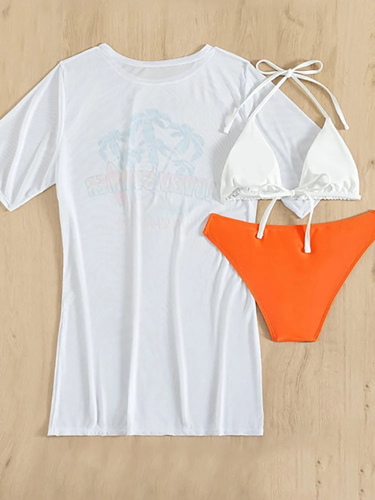 2026 New Tropical Print Three Pieces Bikini Set Thong Women Swimsuit with Cover Up Short Sleeve Biquini Swimwear Bathing Suit