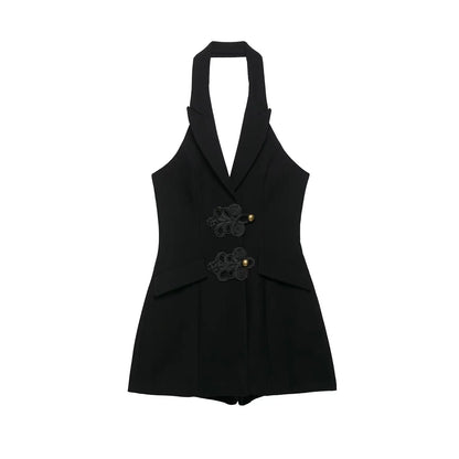 BSAY Women Black Halter Blazer Jumpsuit Lapel Collar Chinese Knot Buttons Sleeveless Slim Fit Short Rompers Elegant Party Outfit