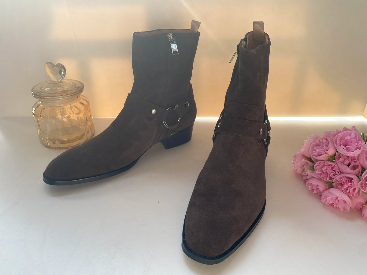 Brown Men Chelsea Boots Handmade High-quality Cow Suede Business Casual Square Toe Mid-heel Men Shoes Motorcycle Boots With Heel