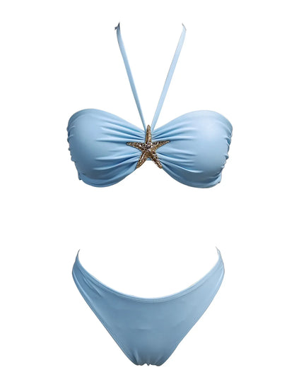 Sexy Bandeau Bikini Set 2026 Women Sky Blue Starfish Ornament Push Up Thong Swimsuit Brazilian Beach Bathing Suit Micro Swimwear